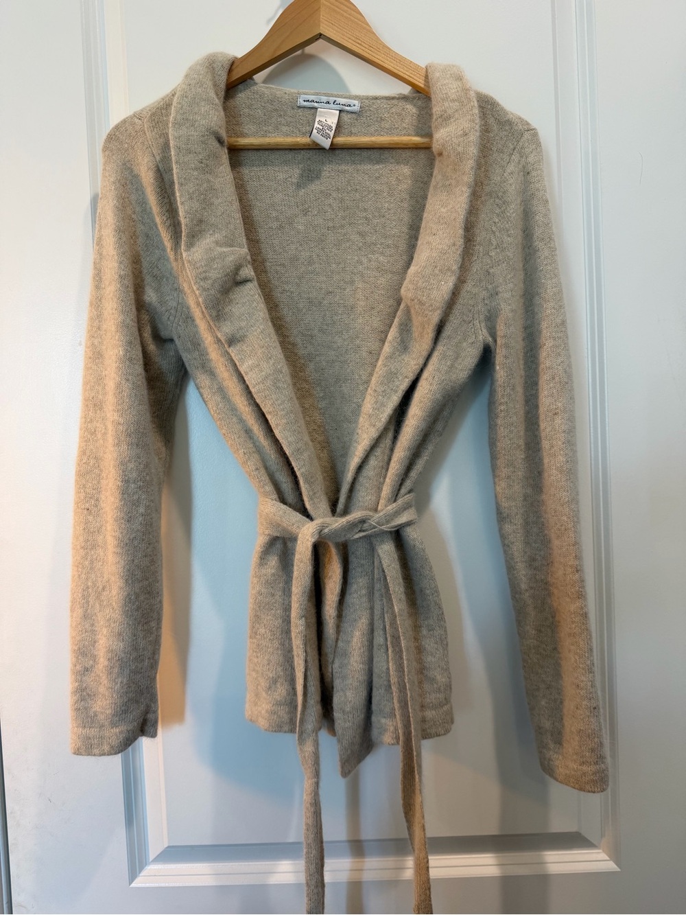 Marina Luna Angora Rabbit Hair Blend Wrap Cardigan Sweater Belted Oatmeal Large